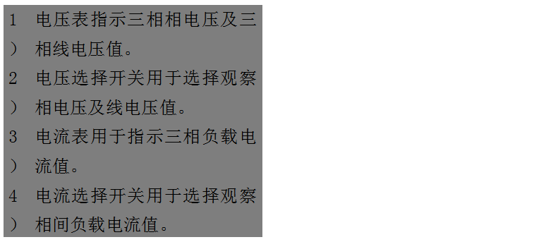 文本框: 1）	電壓表指示三相相電壓及三相線電壓值。
2）	電壓選擇開(kāi)關(guān)用于選擇觀察相電壓及線電壓值。
3）	電流表用于指示三相負(fù)載電流值。
4）	電流選擇開(kāi)關(guān)用于選擇觀察相間負(fù)載電流值。
5）	運(yùn)行時(shí)間表用于指示柴油發(fā)電機(jī)組的累計(jì)運(yùn)行時(shí)間。
6）	機(jī)油壓力表用于指示機(jī)組運(yùn)行時(shí)的機(jī)油壓讀數(shù)。
7）	水溫表用于指示冷卻液溫度數(shù)值。
8）	頻率/轉(zhuǎn)速表用于指示輸出電力的頻率和機(jī)組的轉(zhuǎn)速。
9）	電池電壓表用于指示電池的充電電壓。

